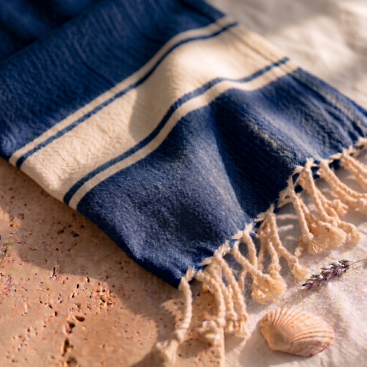 Close-up of ocean blue fouta towel fabric showing the detailed cotton weave, soft texture, subtle stripes, and handcrafted fringed edges.