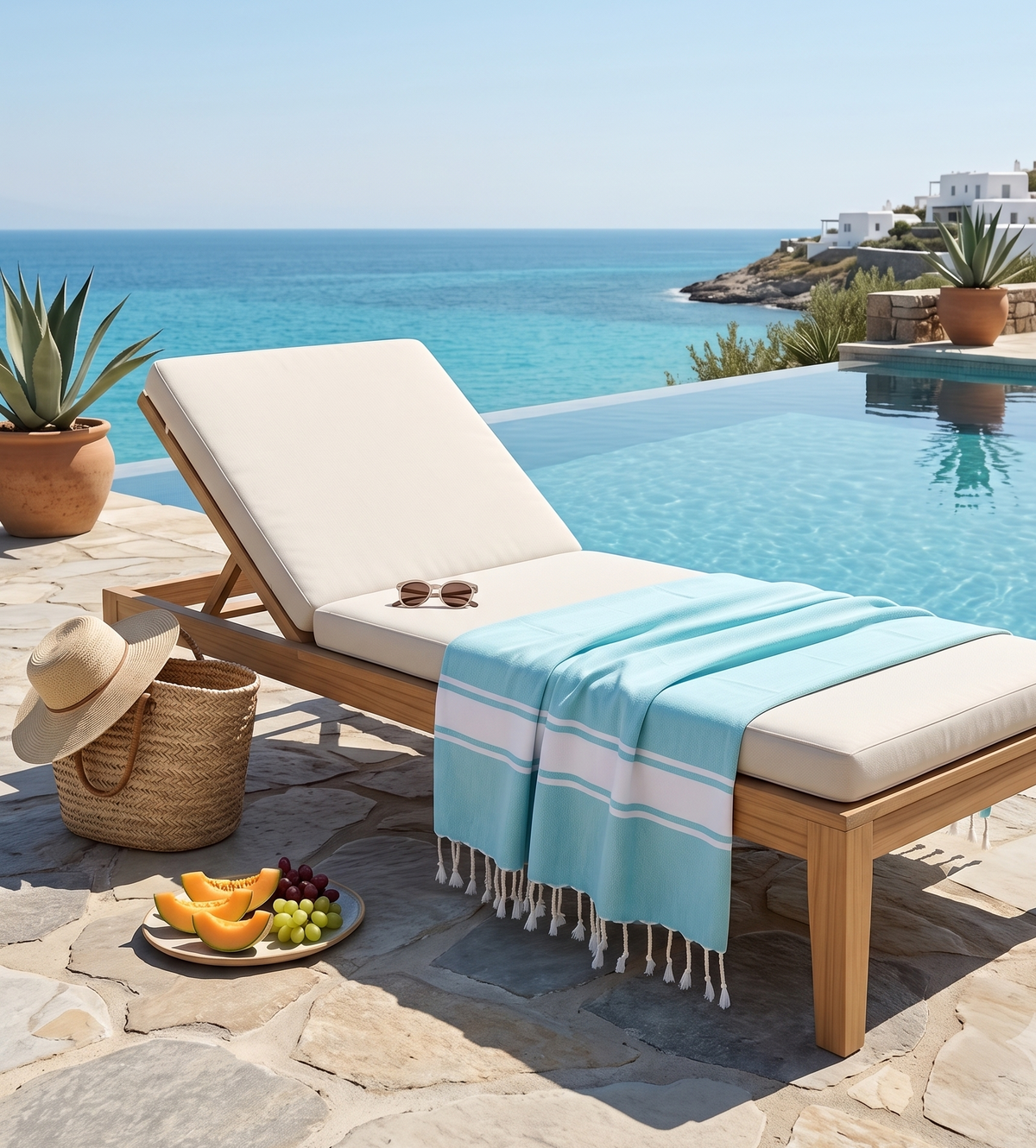 urquoise fouta beach towel placed beside a sparkling swimming pool, highlighting its soft cotton weave, vibrant color, and luxury summer feel.