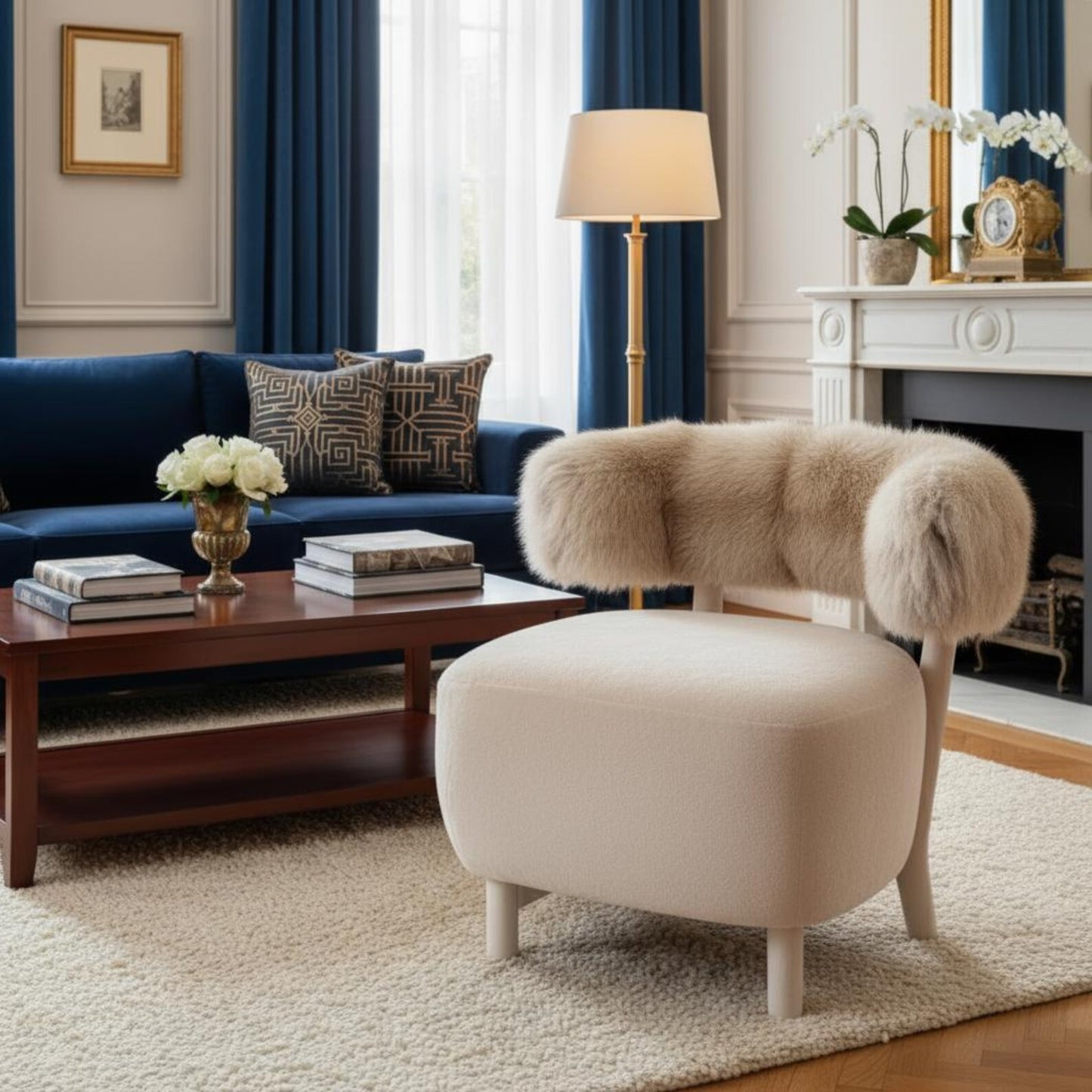 Living room with a blue sofa, wooden coffee table, and decorative chair with fur accents.