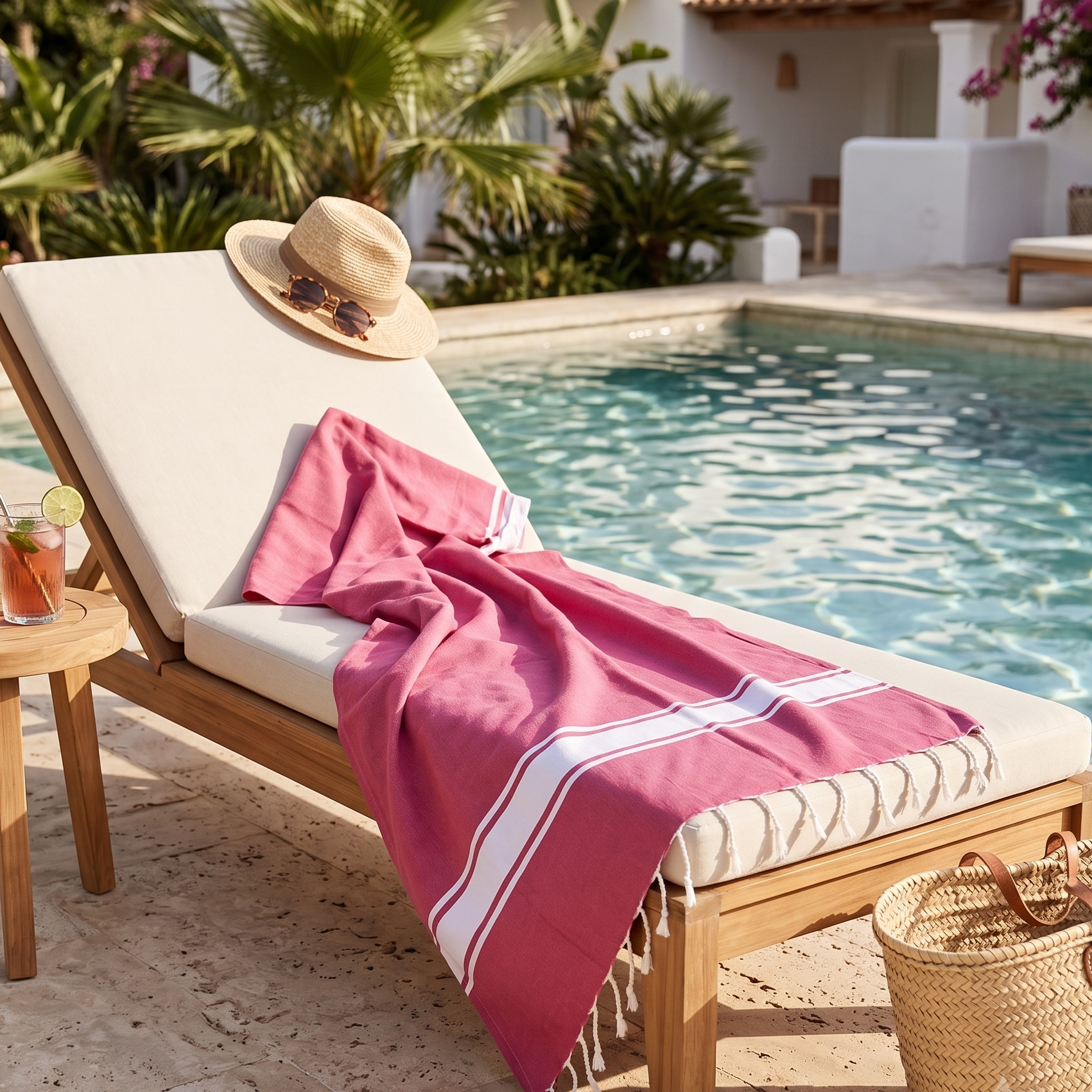 Pink fouta beach towel beside a sparkling swimming pool, highlighting its fresh vibrant color, lightweight cotton texture, and chic summer resort feel.
