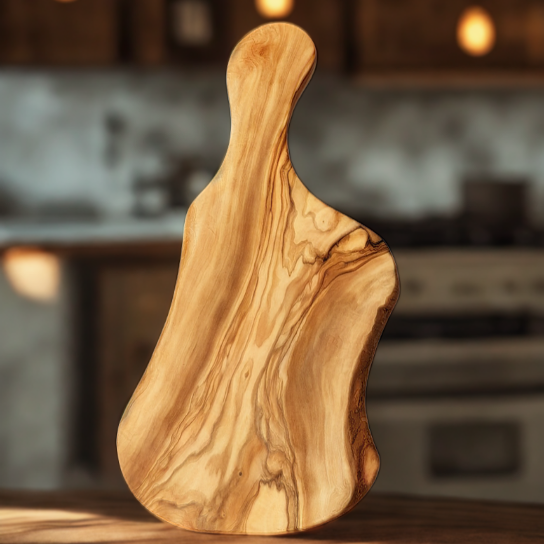 Artisan olive wood cutting board handcrafted from natural olive wood with distinctive grain and rustic character.