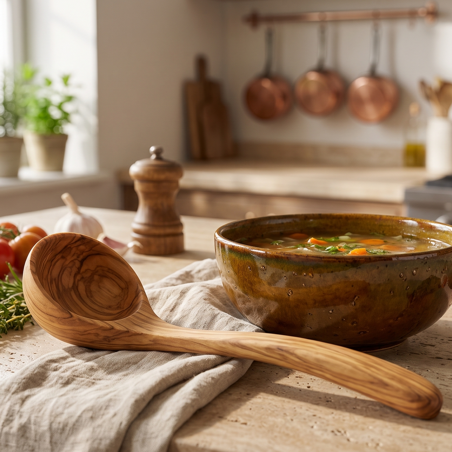 A rustic olive wood ladle sits next to a big bowl of soup  on a kitchen counter, with a softly blurred kitchen background.