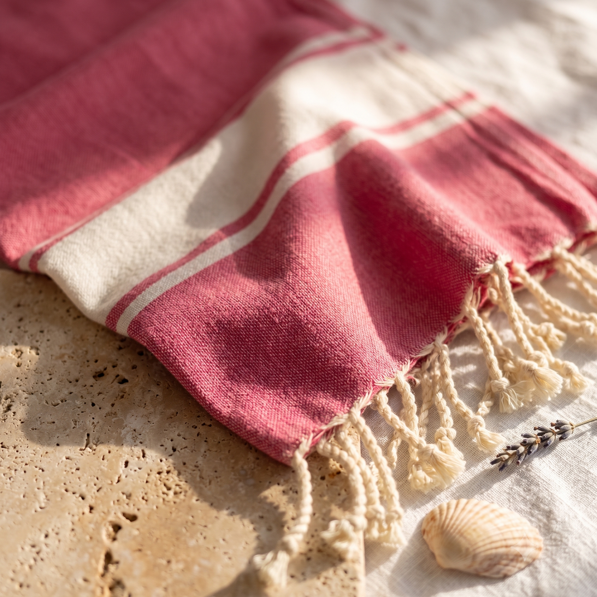 Close-up of pink fouta towel fabric revealing the fine cotton weave, soft texture, woven pattern, and handcrafted fringed edges.