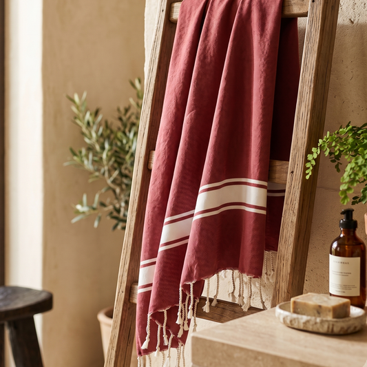 Burgundy fouta towel draped elegantly over a white wall or wooden door, showcasing its rich color, soft cotton weave, textured pattern, and Mediterranean-inspired style.