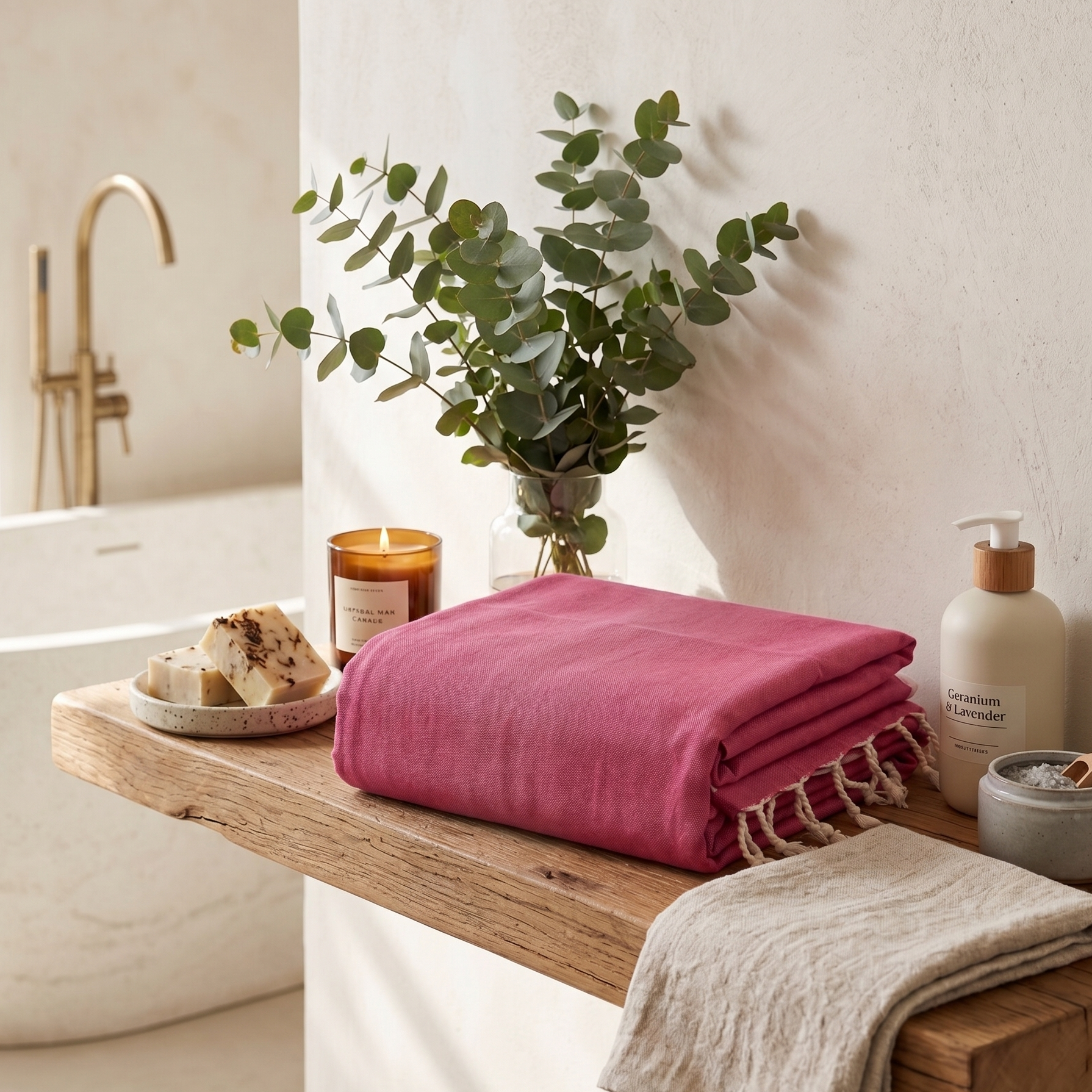a folded handmade pink fouta towel in a batch, turkish-style hammam towel.