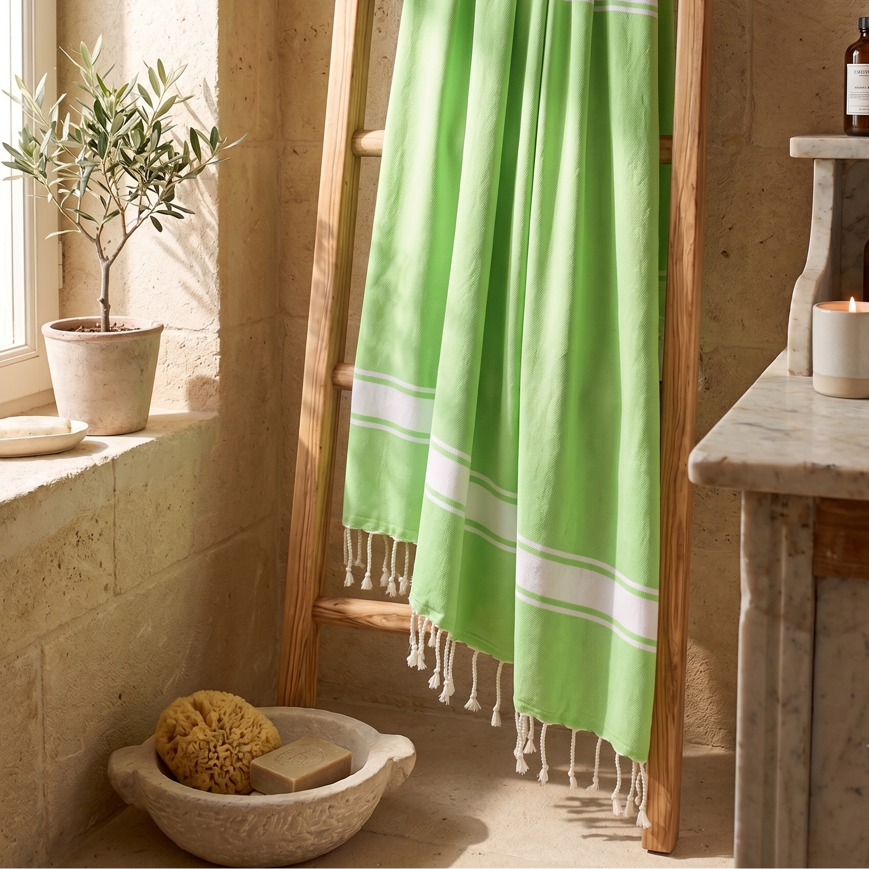 Light citrus green fouta towel draped elegantly over a white wall or wooden door, showcasing its airy cotton texture, woven design, and fresh Mediterranean style.
