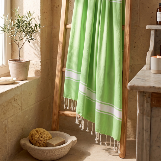 Light citrus green fouta towel draped elegantly over a white wall or wooden door, showcasing its airy cotton texture, woven design, and fresh Mediterranean style.