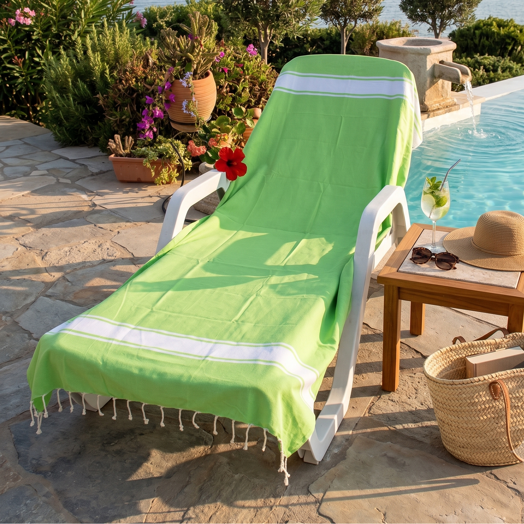 Citrus green fouta beach towel beside a clear blue swimming pool, highlighting its soft cotton weave, refreshing color, and effortless summer elegance.