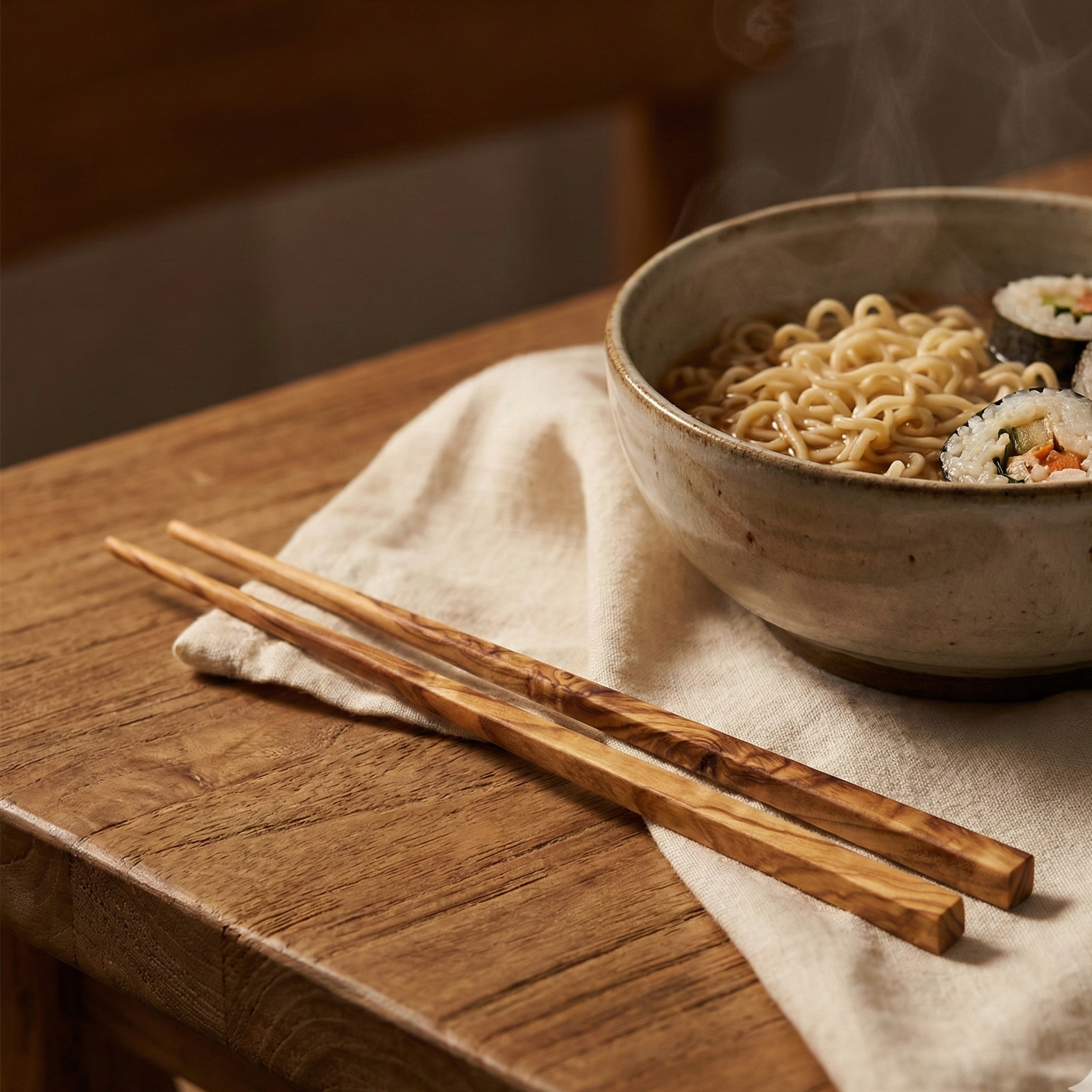 Bowl of ramen with sushi on a wooden table with olive wood chopsticks.