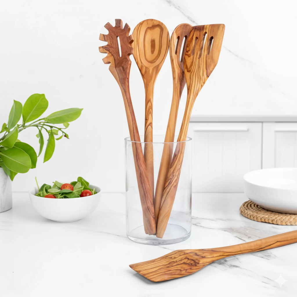 Handmade olive wood cooking utensils used for stirring, mixing, and preparing meals in the kitchen.