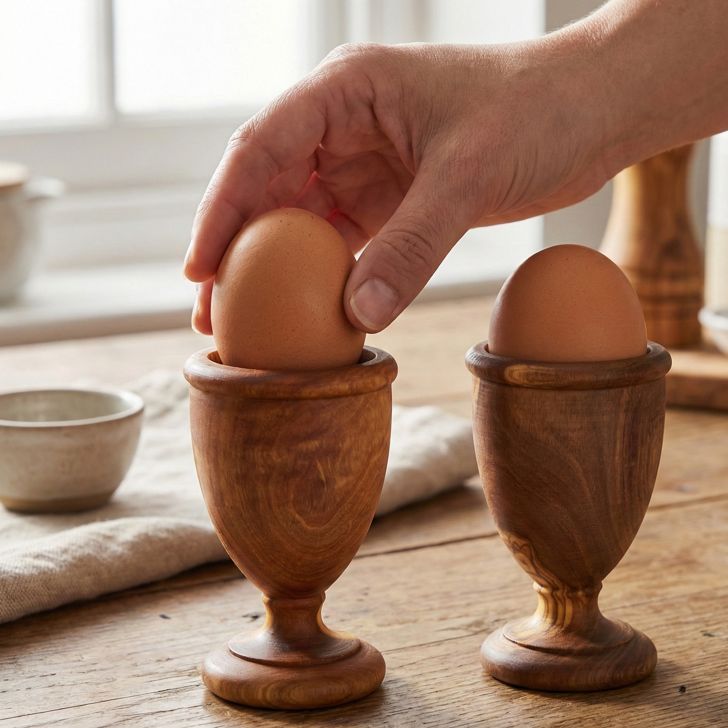 Artisan olive wood egg holders displayed on a breakfast table as functional and decorative kitchen accessories.