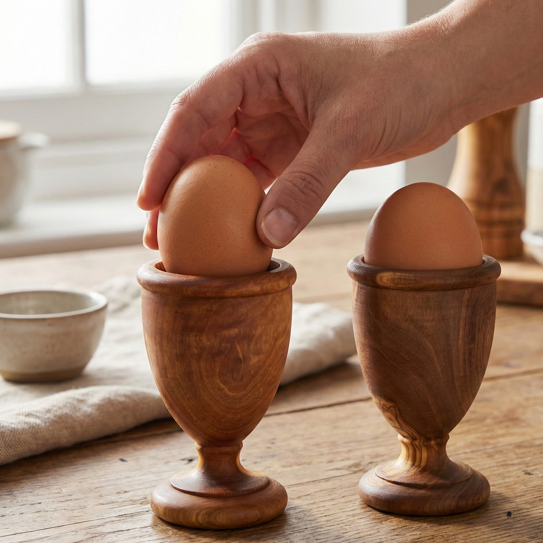 Artisan olive wood egg holders displayed on a breakfast table as functional and decorative kitchen accessories.