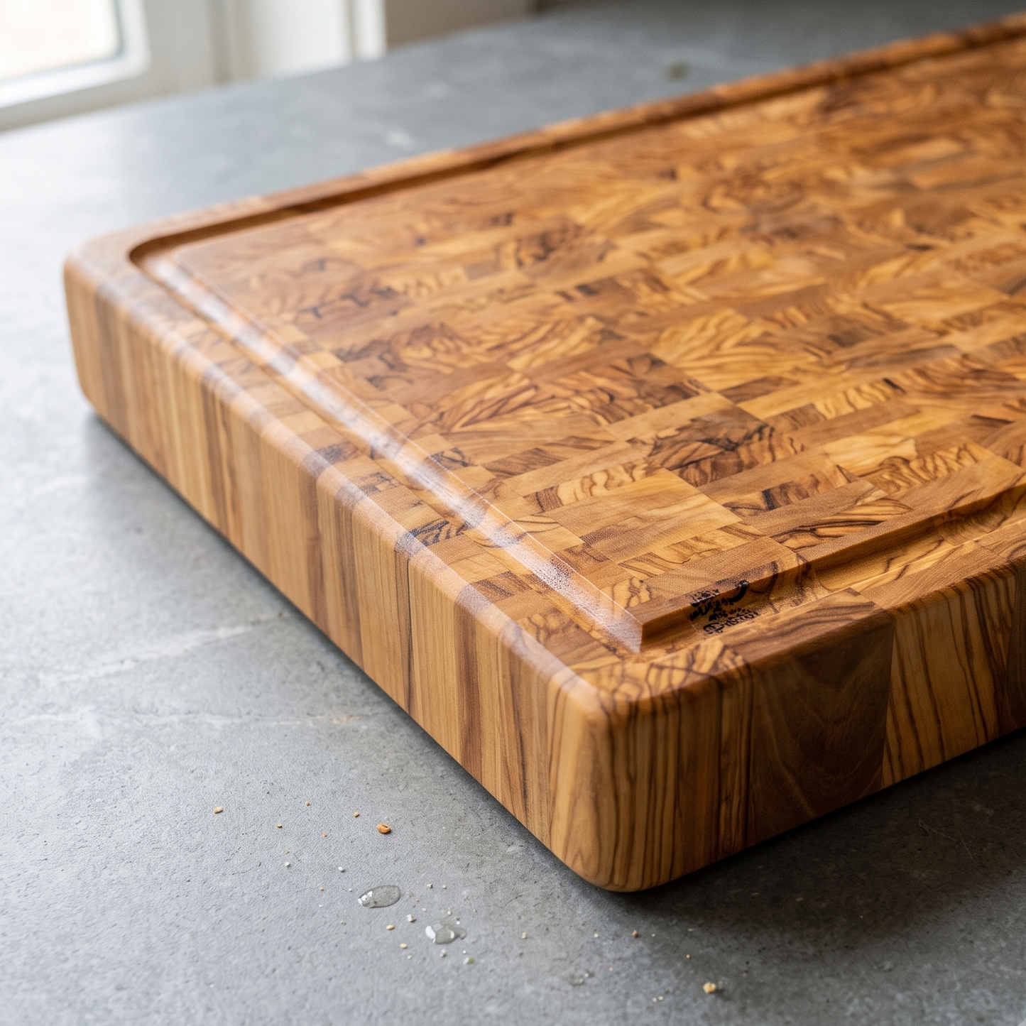 lose-up of the beautiful end grain texture and handcrafted details of an olive wood cutting board.