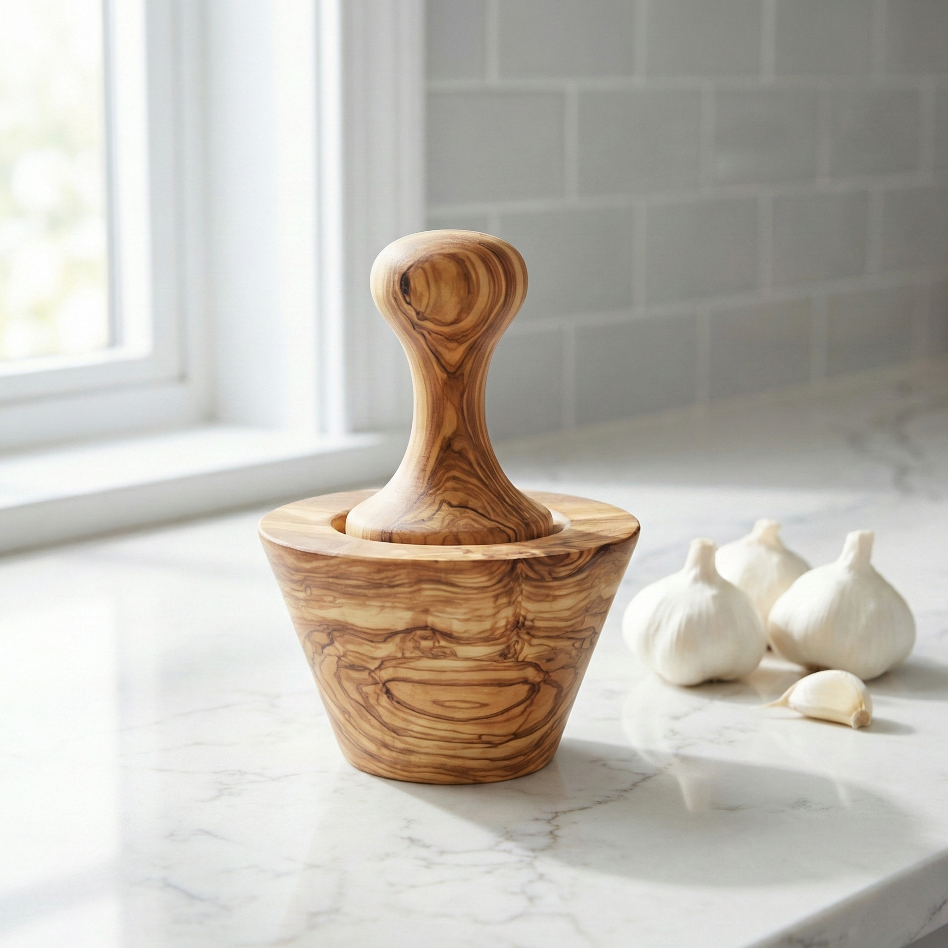olive wood garlic crusher on a white marble counter ang garlic cloves next to it
