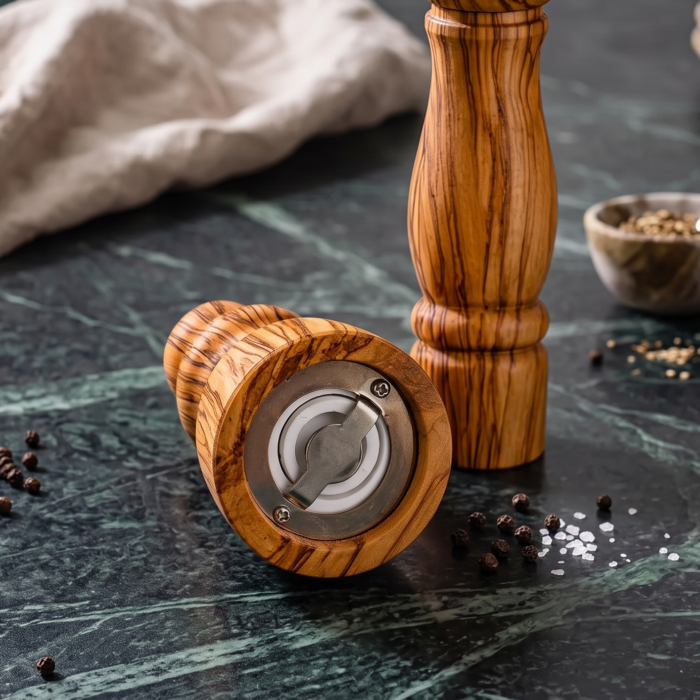 Close-up of the natural olive wood grain and smooth handcrafted finish on a premium salt and pepper grinder set.