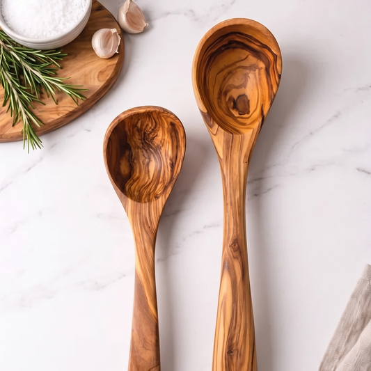 two handmade olive wood ladles made from natural olive wood for serving soups, sauces, and stews with timeless artisan style.