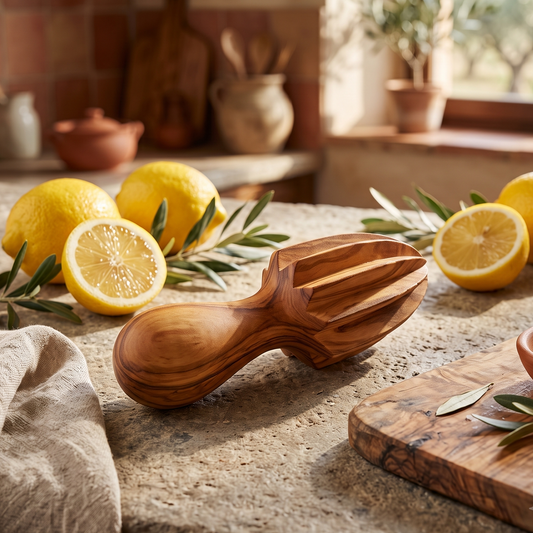 Handmade olive wood lemon juicer displayed in a beautiful kitchen setting as a natural artisan cooking accessory and home decor piece.