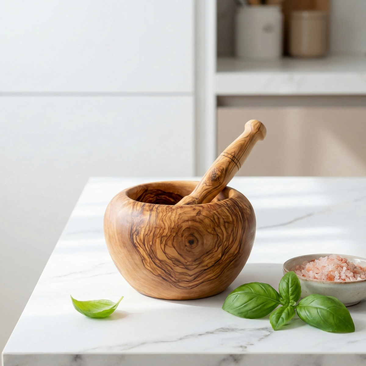 Handmade olive wood mortar and pestle with rounded design, crafted from natural olive wood with unique grain.
