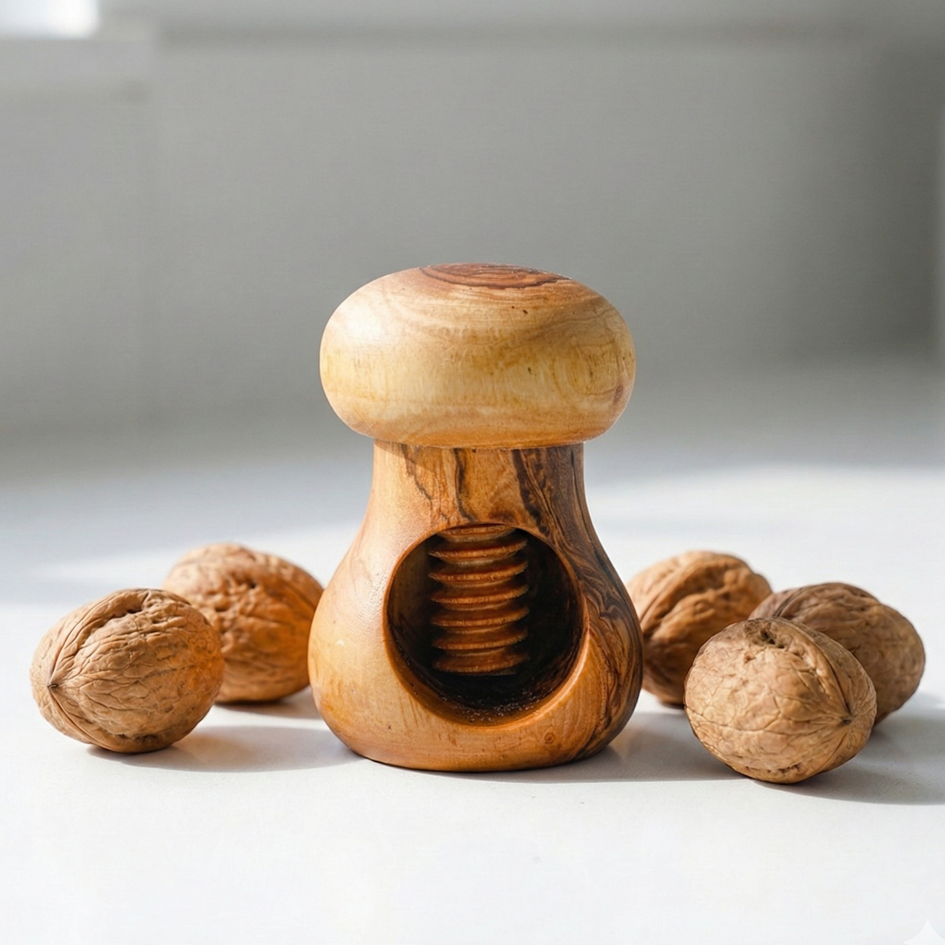 Handmade olive wood nut cracker crafted from natural olive wood with a smooth artisan finish.