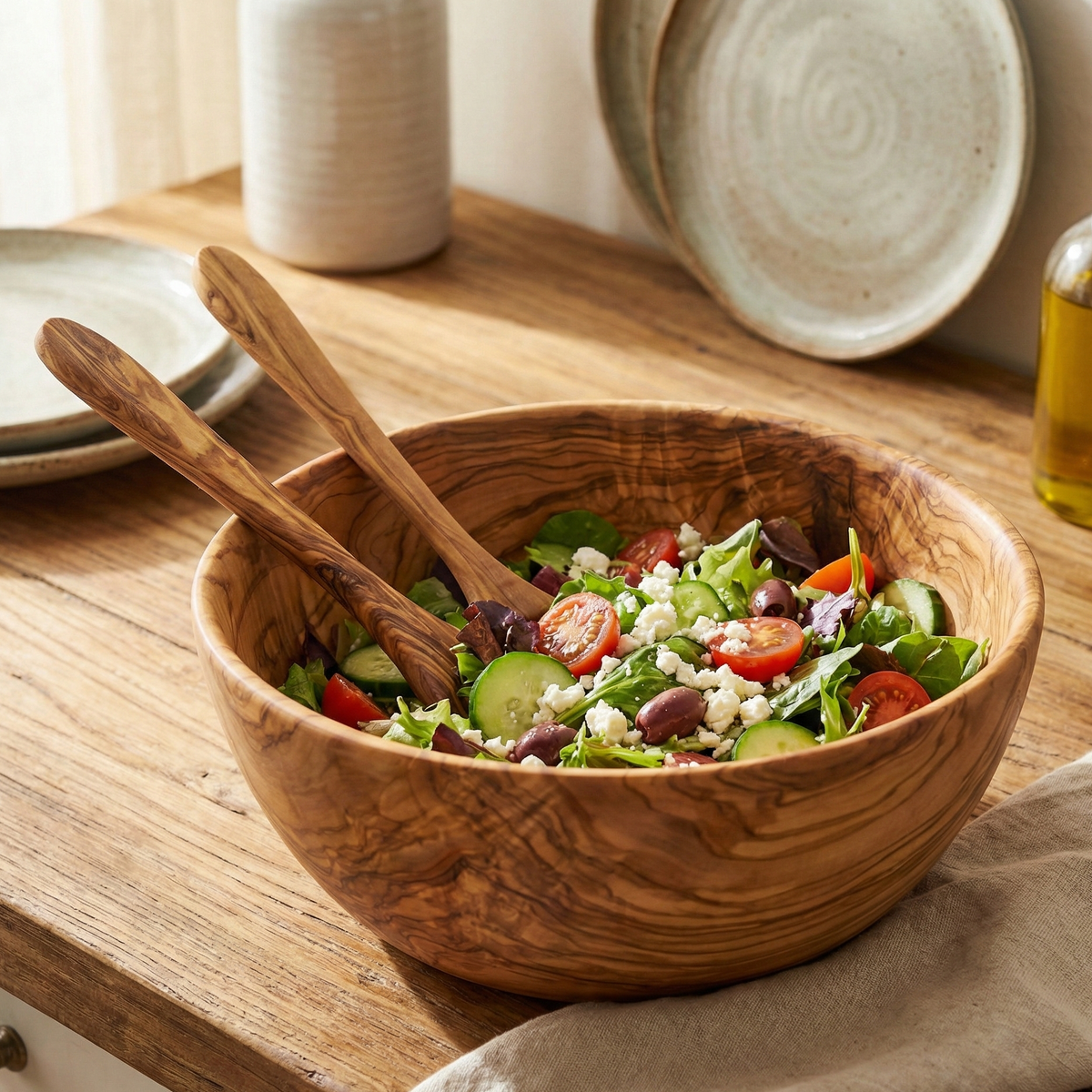 Handmade olive wood salad bowl with matching spoon and fork serving utensils, crafted from natural wood.
