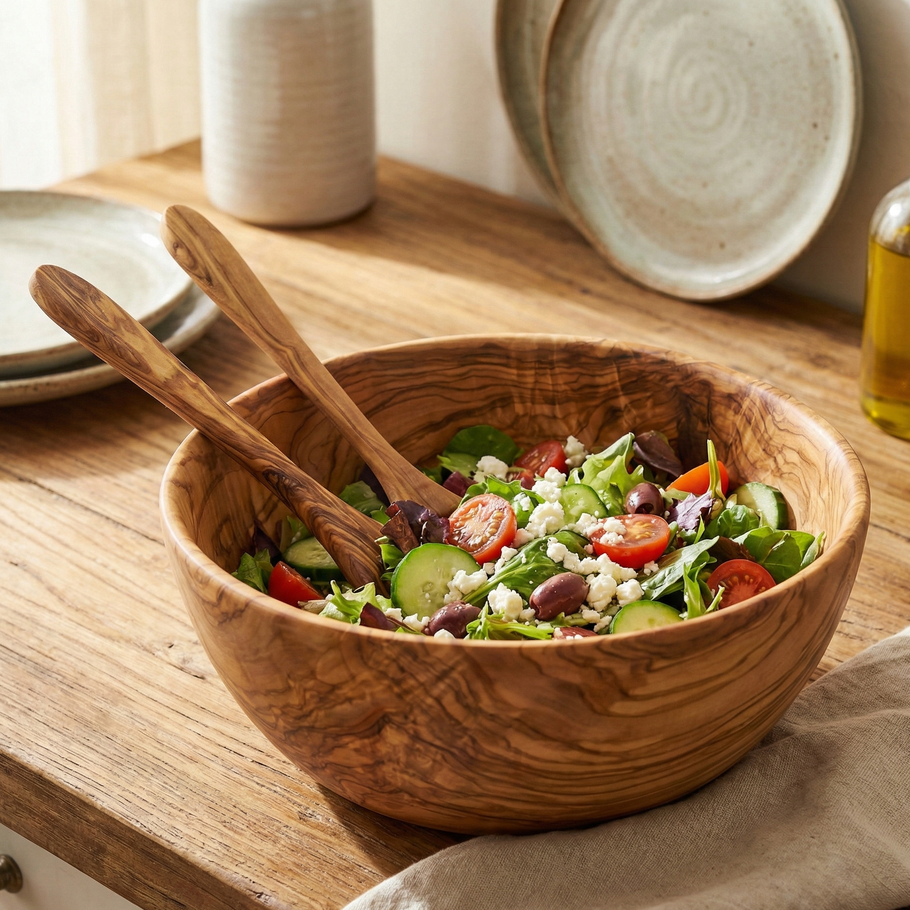 Handmade olive wood salad bowl with matching spoon and fork serving utensils, crafted from natural wood.
