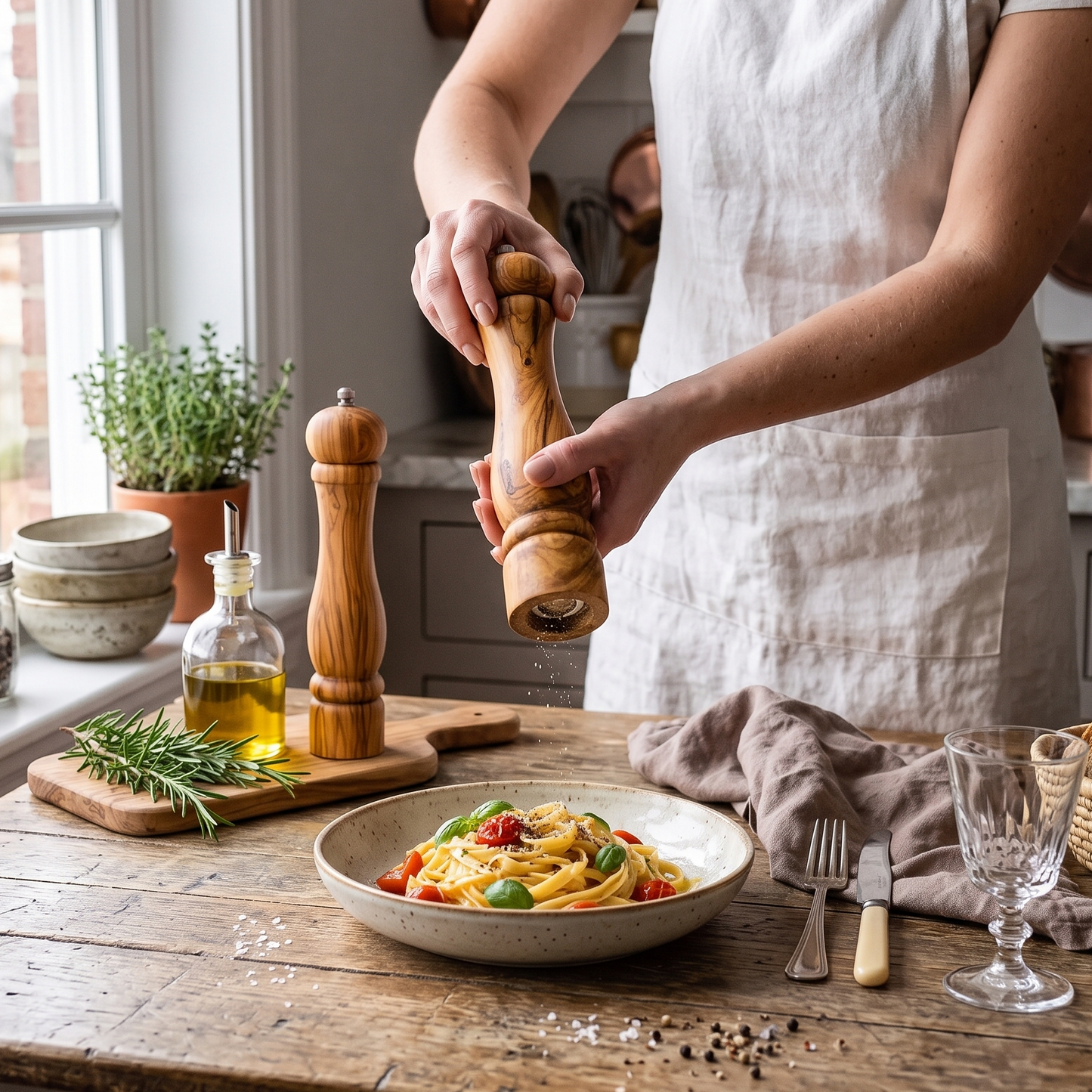 A person in a white apron seasons pasta with a wooden pepper mill in a bright, rustic kitchen. A bowl of pasta, a wooden pepper grinder, a bottle of olive oil, and dining tableware are arranged on a wooden table by a window.