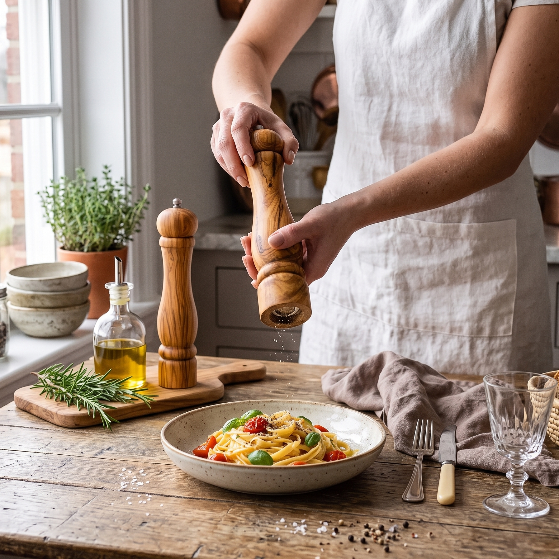 A person in a white apron seasons pasta with a wooden pepper mill in a bright, rustic kitchen. A bowl of pasta, a wooden pepper grinder, a bottle of olive oil, and dining tableware are arranged on a wooden table by a window.