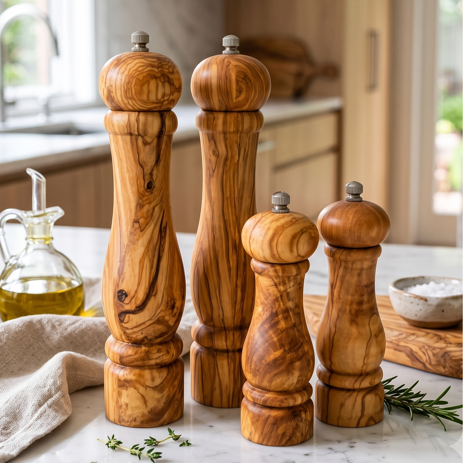 Handmade olive wood salt and pepper grinder set crafted from premium natural olive wood with unique grain patterns and artisan craftsmanship.
