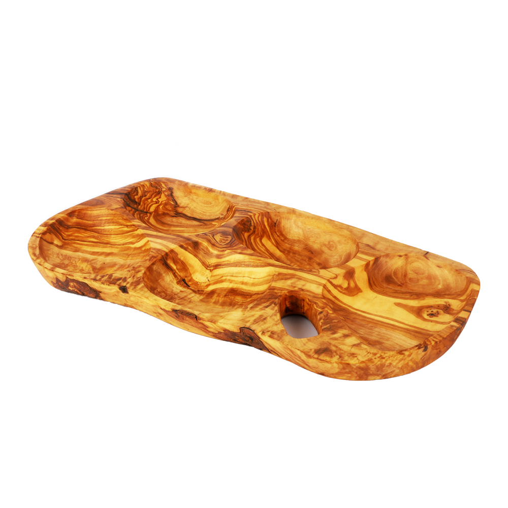 A rectangular olive wood serving tray with a natural wood grain pattern, displayed on a white background.
