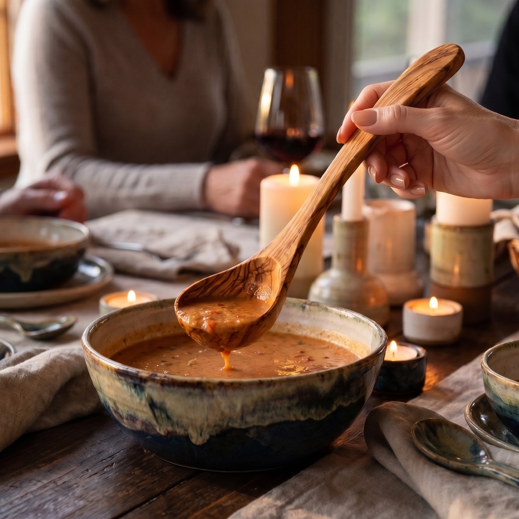 serving soup using a handmade olive wood ladle.