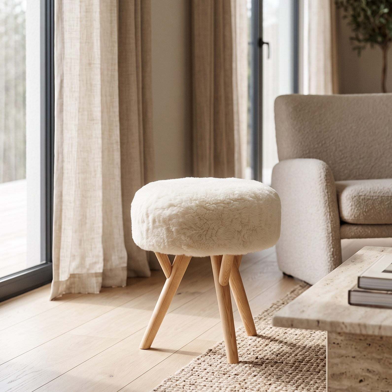 Handmade shaved lambskin stool with genuine sheepskin and a solid natural wood base, combining artisan craftsmanship with timeless luxury.