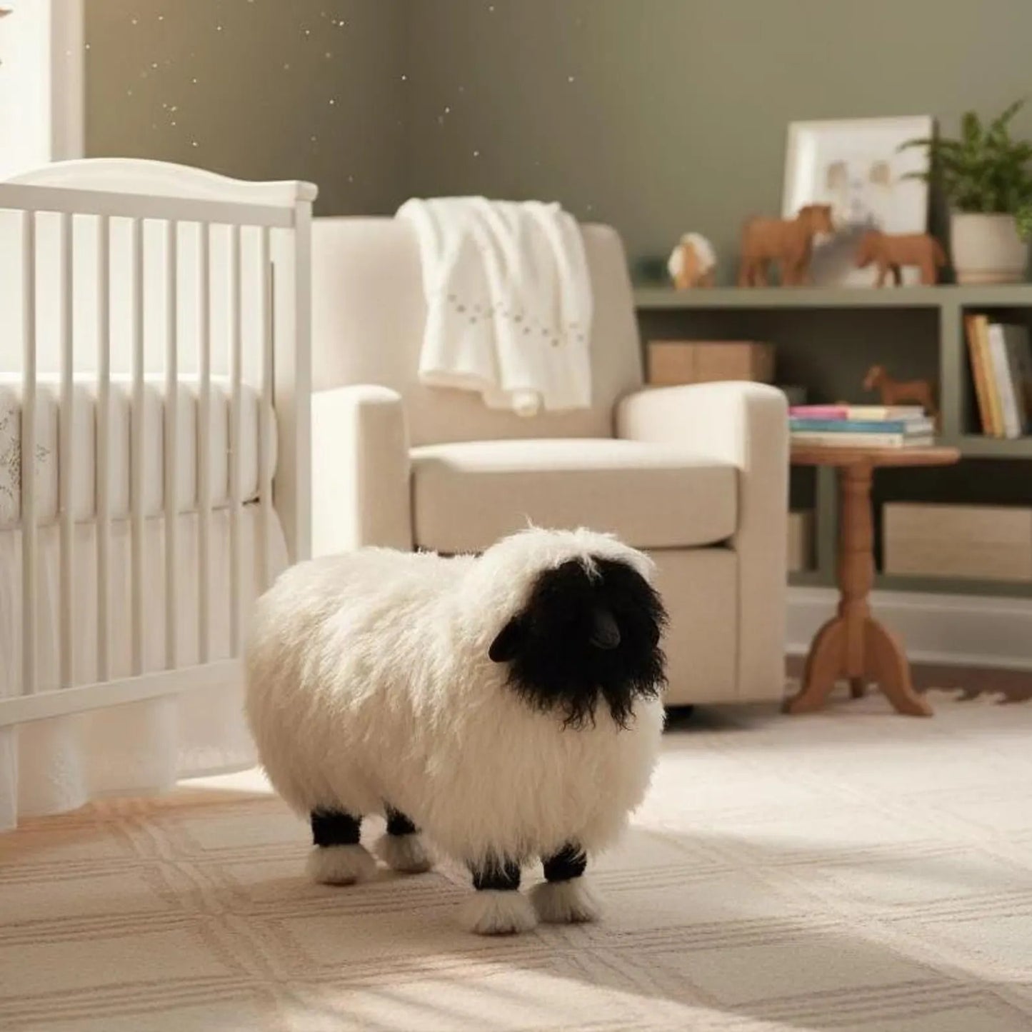 Sheep-like plush toy in a nursery setting with crib and armchair.