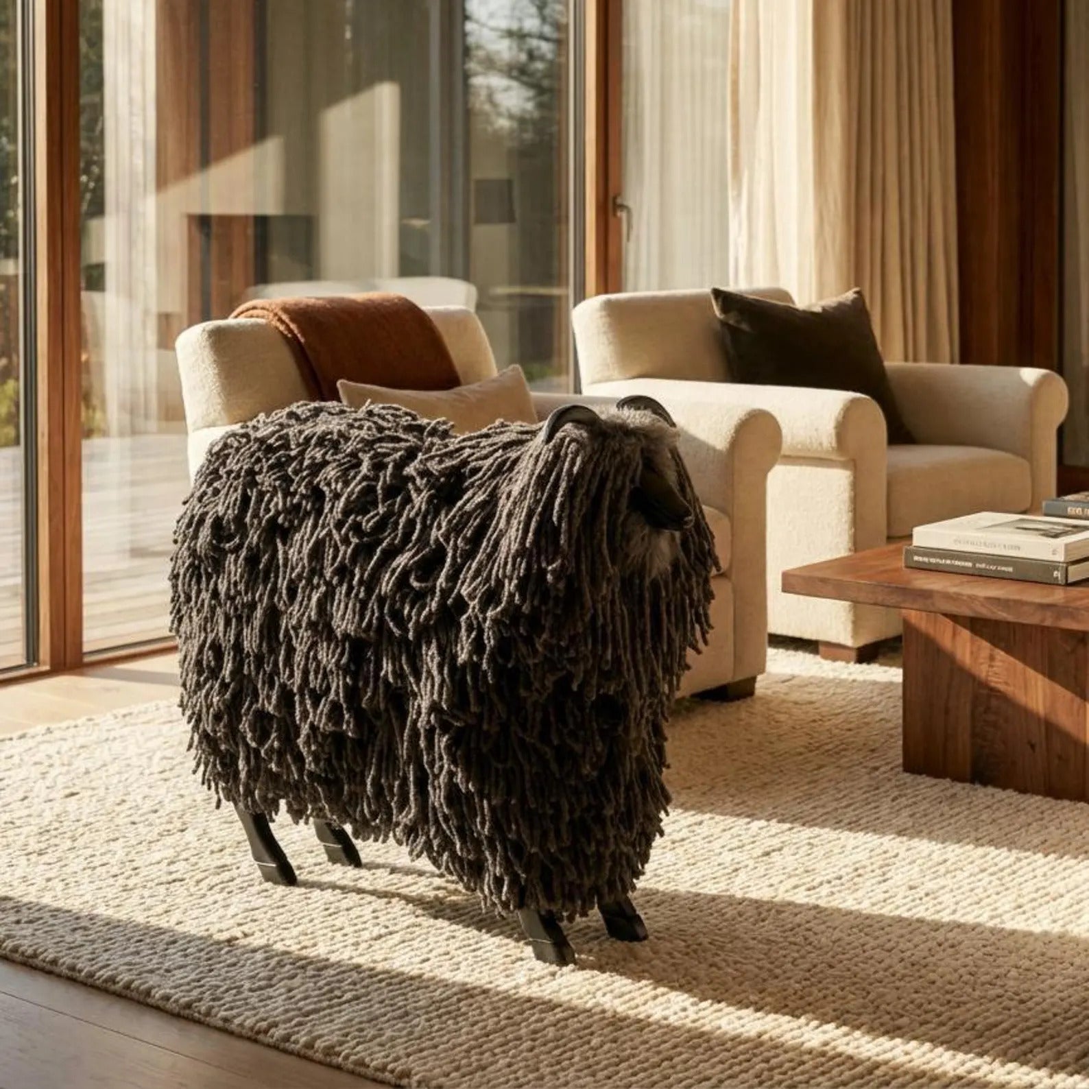 Living room with a black wooden sheep, beige armchair, brown rug, and wooden coffee table.