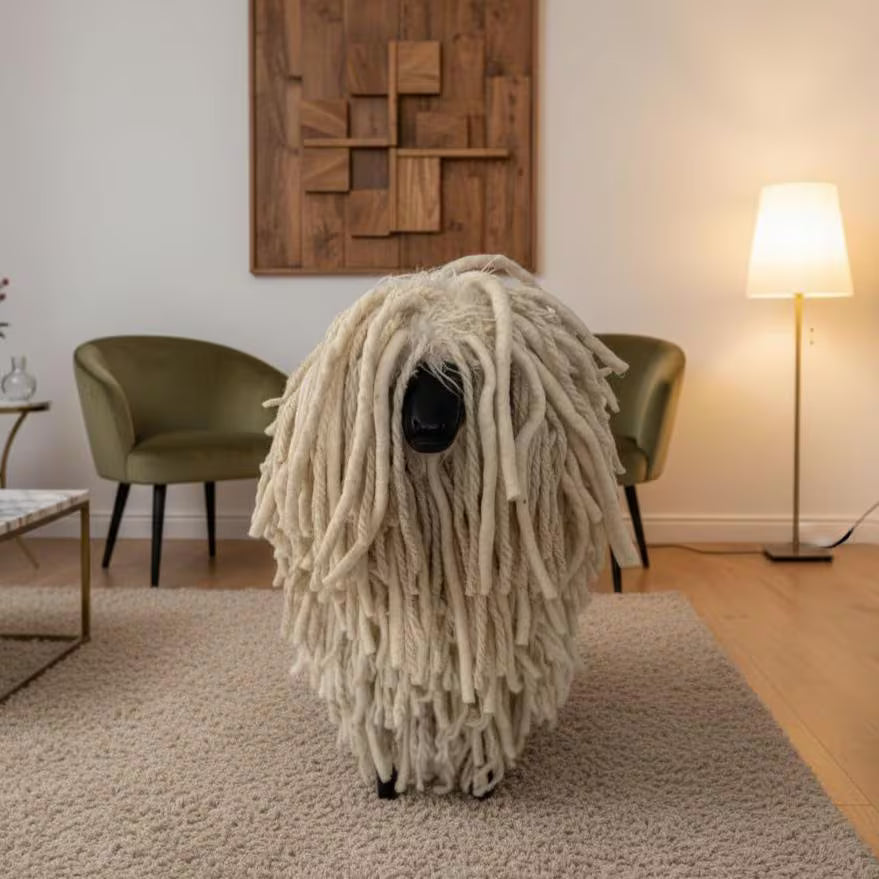 Fuzzy white wooden sheep with dreadlocks in a living room setting.