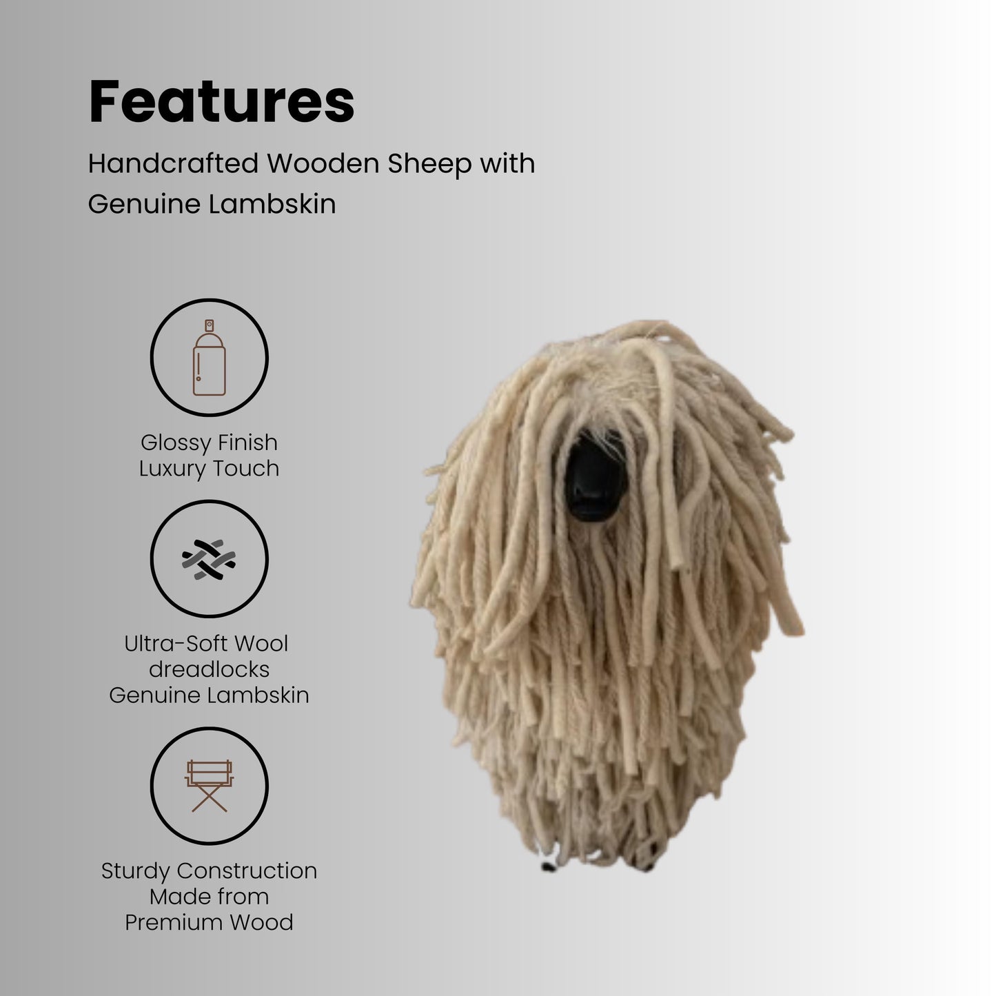 Handcrafted wooden sheep with genuine lambskin on a gray background