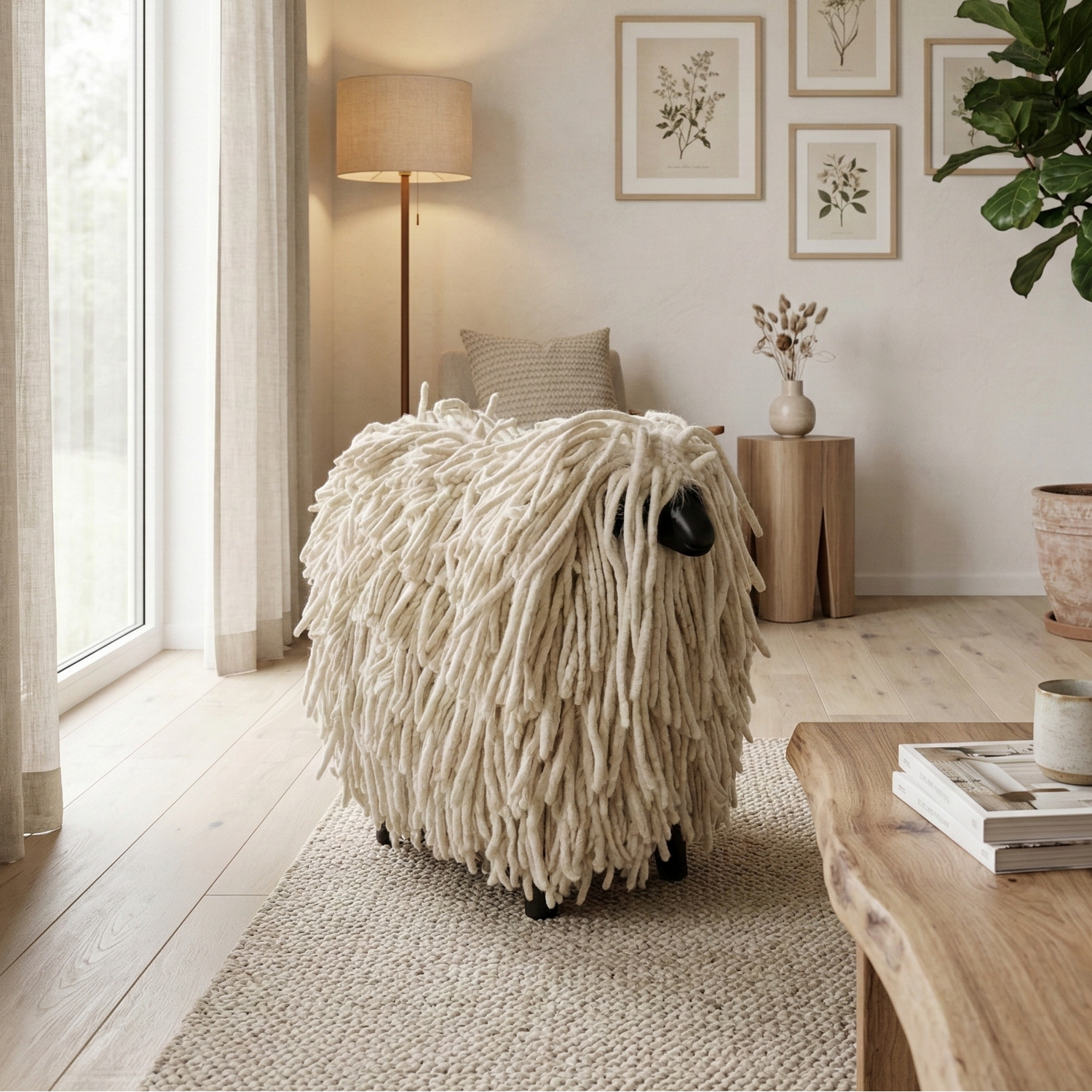 Cozy living room with a fluffy ottoman, coffee table, and decorative elements.