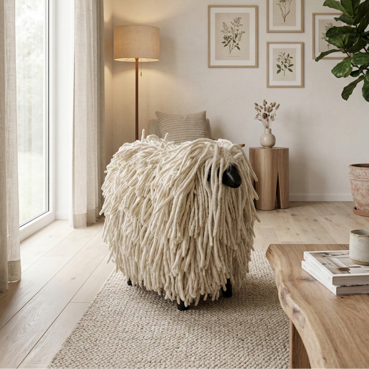Cozy living room with a fluffy ottoman, coffee table, and decorative elements.