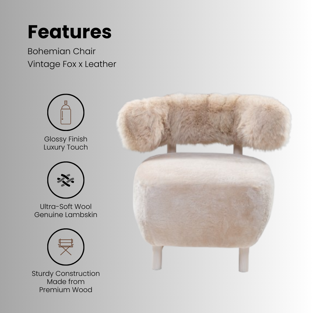 Luxury handmade accent chair featuring genuine shaved lambskin, vintage fox fur, and a natural wood frame.