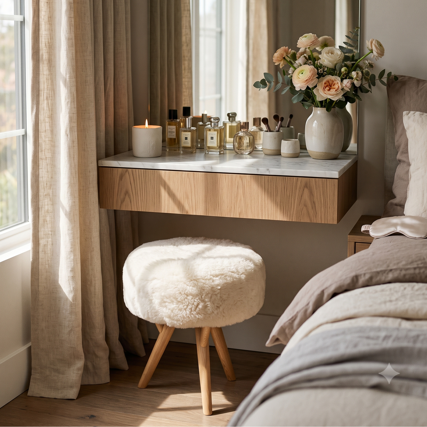 Luxury vanity stool with a genuine shaved lambskin upholstered seat and elegant wooden legs, ideal for a bedroom vanity or dressing table.