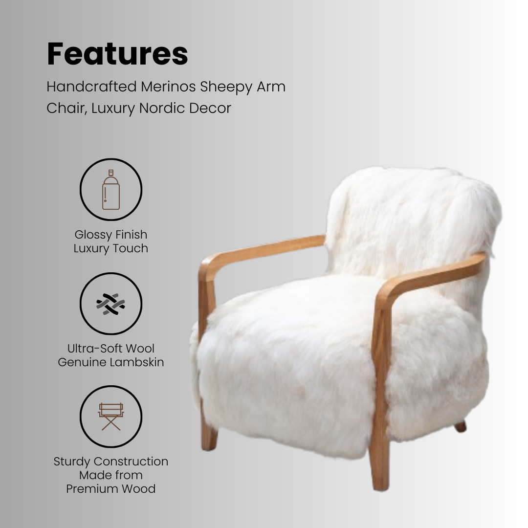 Close-up of the genuine Merino lambskin upholstery and natural wood frame, showcasing exceptional craftsmanship and luxurious details.