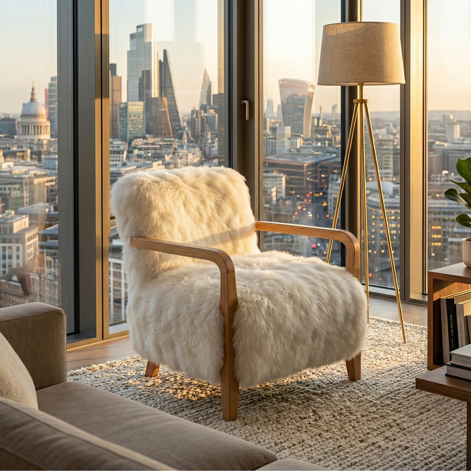 Handmade Merino lambskin armchair styled in a sophisticated living room, adding warmth, comfort, and timeless artisan elegance.