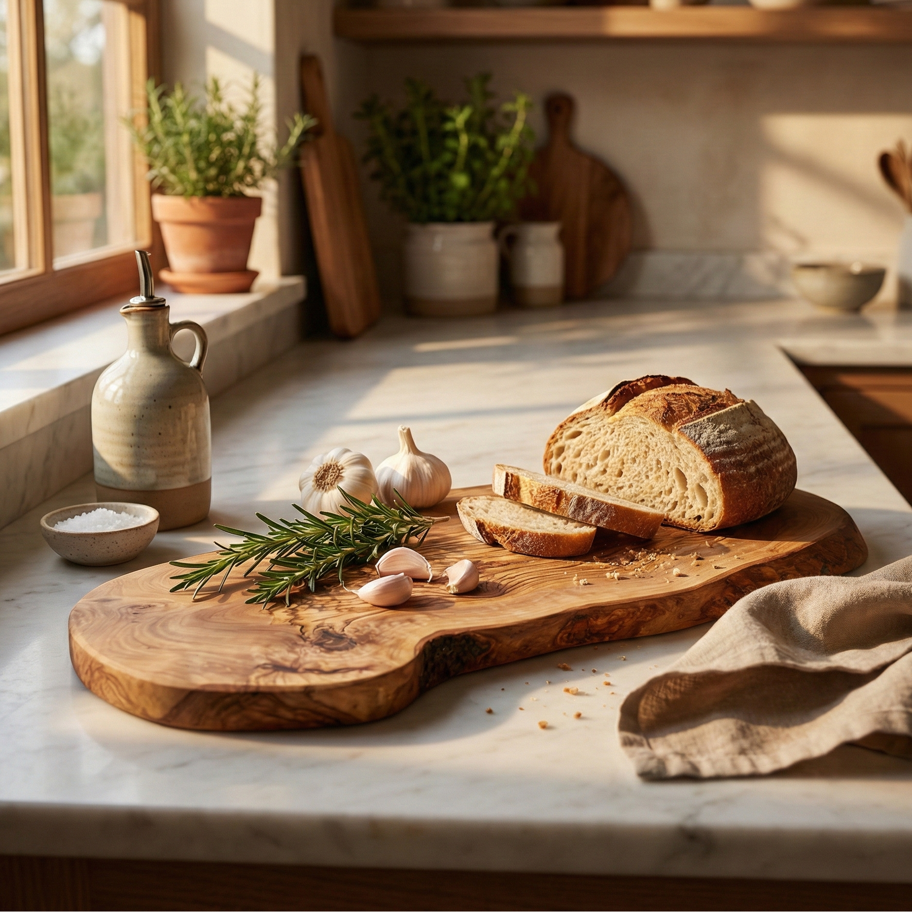 Loaf of bread on an olive wood cutting board with herbs and garlic in a kitchen setting.