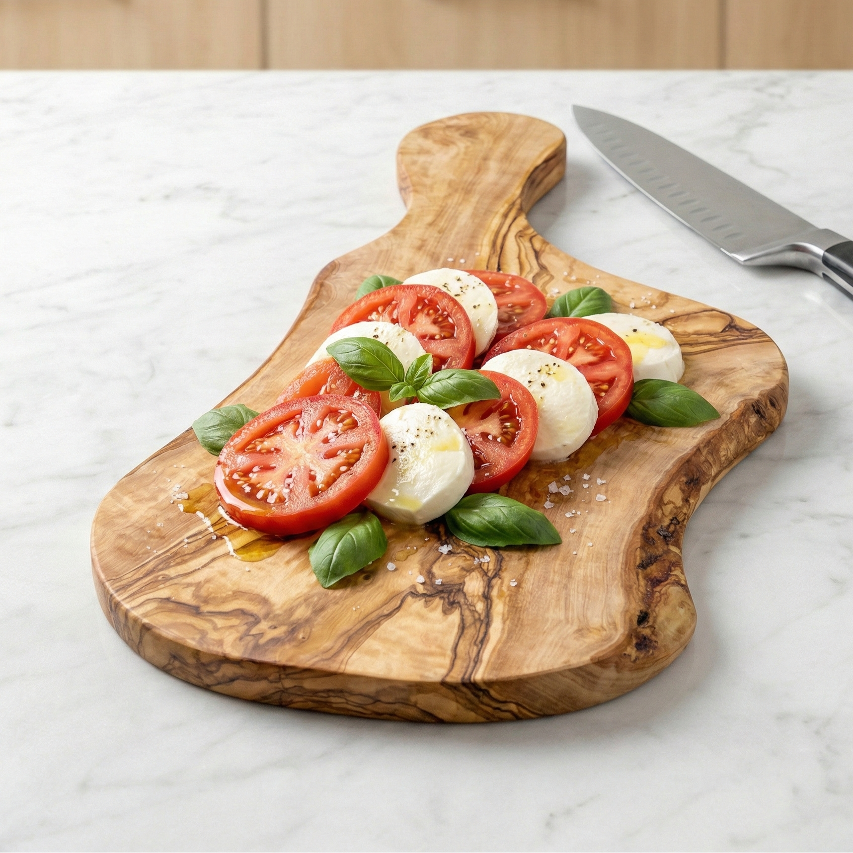 Olive wood cutting board with sliced tomatoes, mozzarella, and basil on a marble countertop.