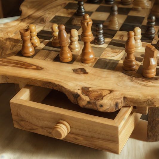 A close-up view of a handcrafted olive wood chess set with pieces arranged on the board, showcasing the unique grain patterns and warm golden hues of the wood.