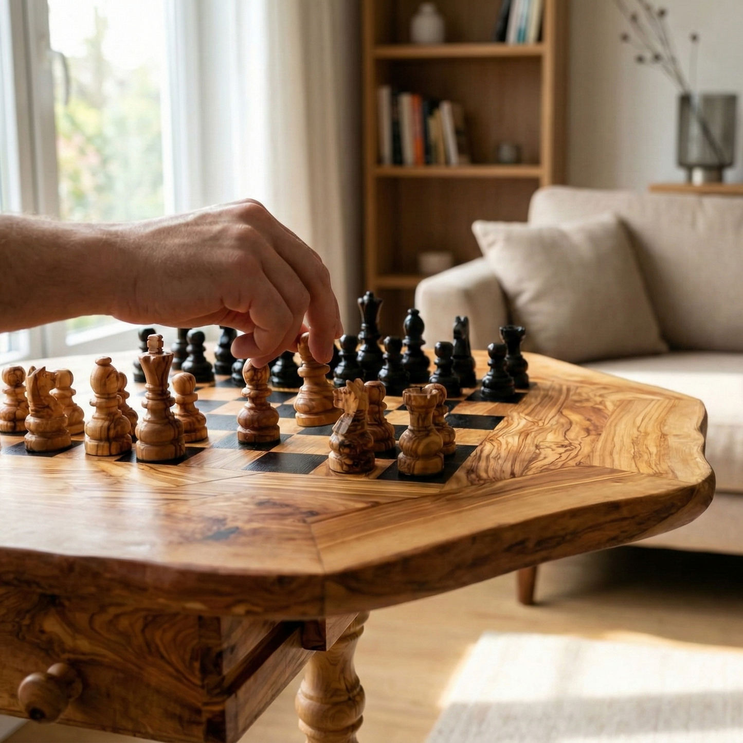 Person playing chess on an olive wood chess set table in a living room. Artisan olive wood chess table featuring a handcrafted chess board for elegant indoor play.