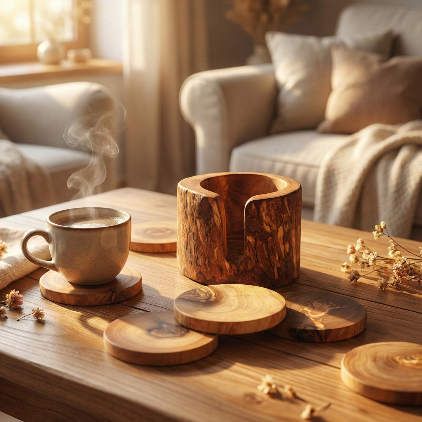 Handmade olive wood coasters protecting a wooden table while holding coffee mugs