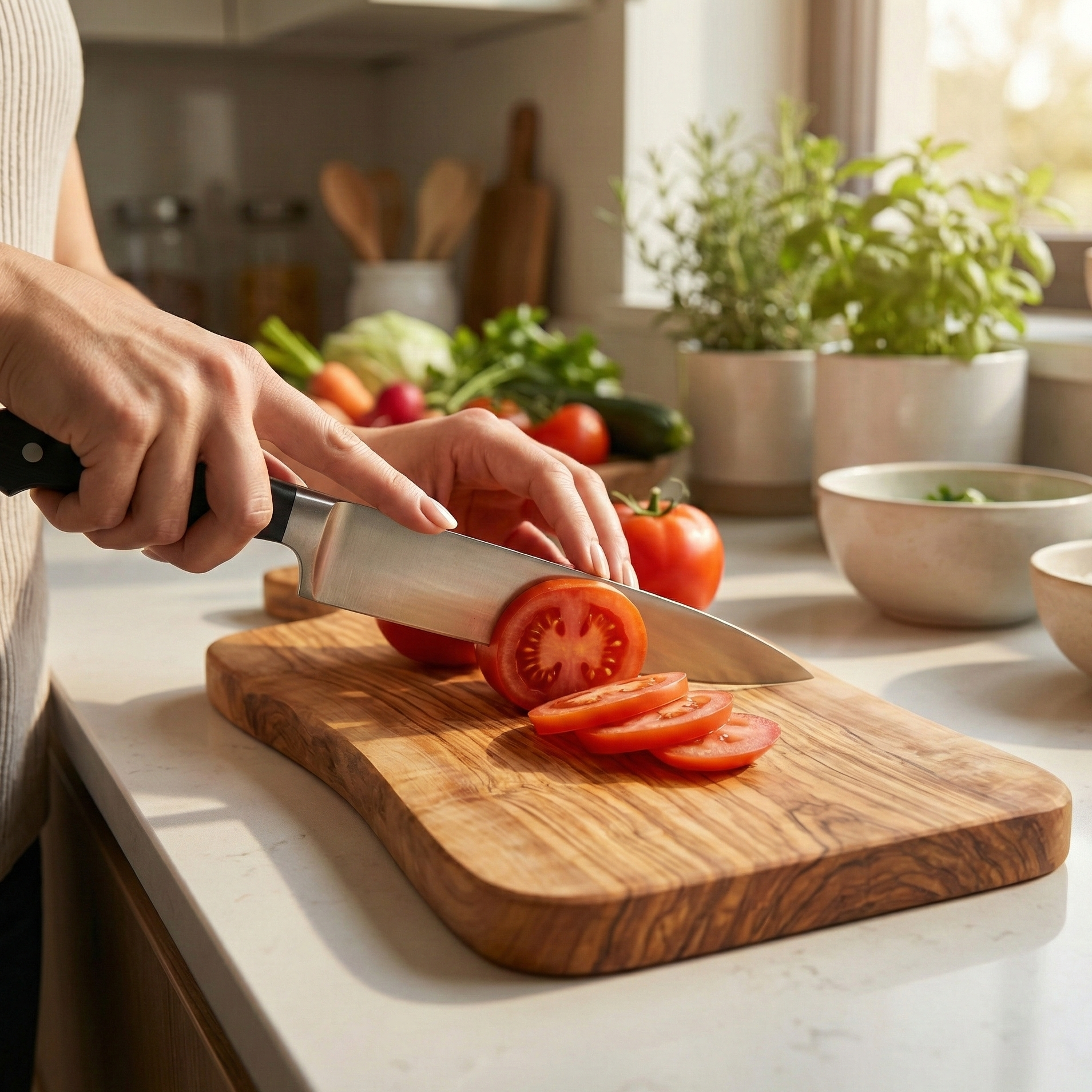 Person slicing tomatoes on an olive wood cutting board on a kitchen counter.