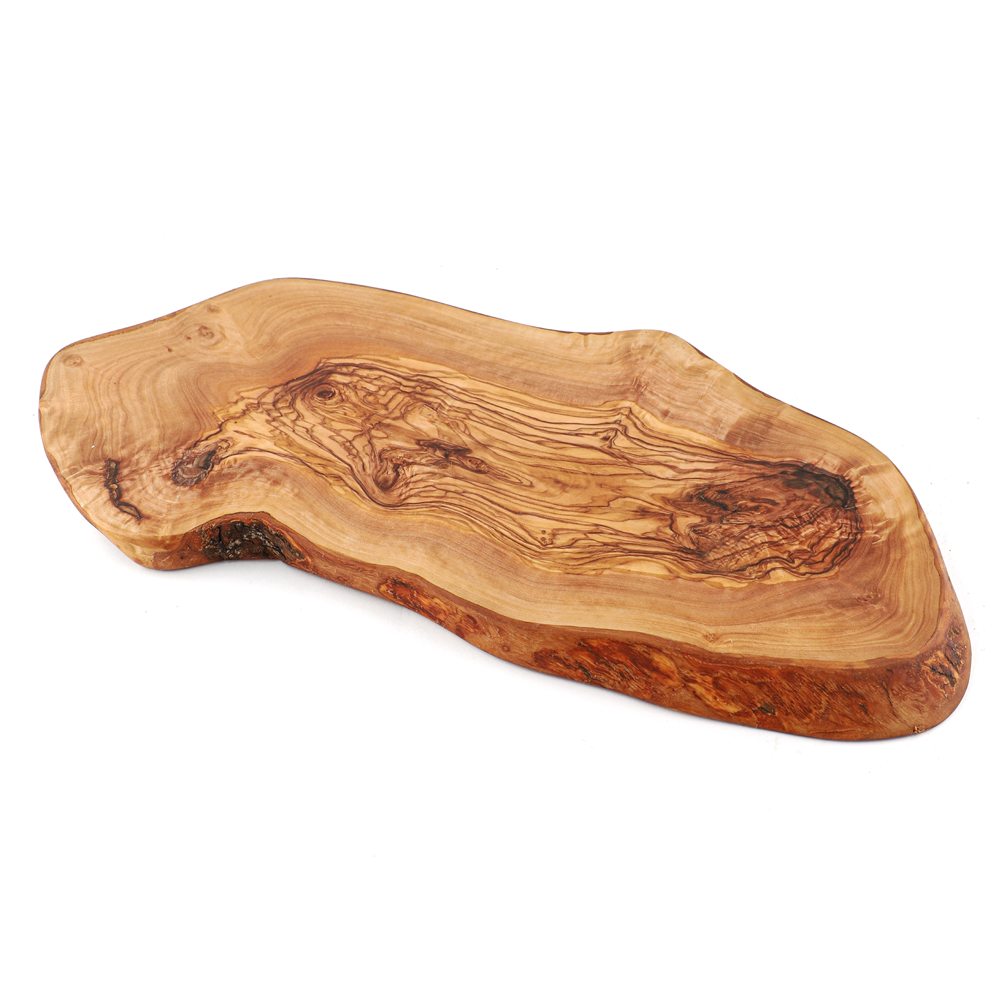 A handmade olive wood cutting board on a white background