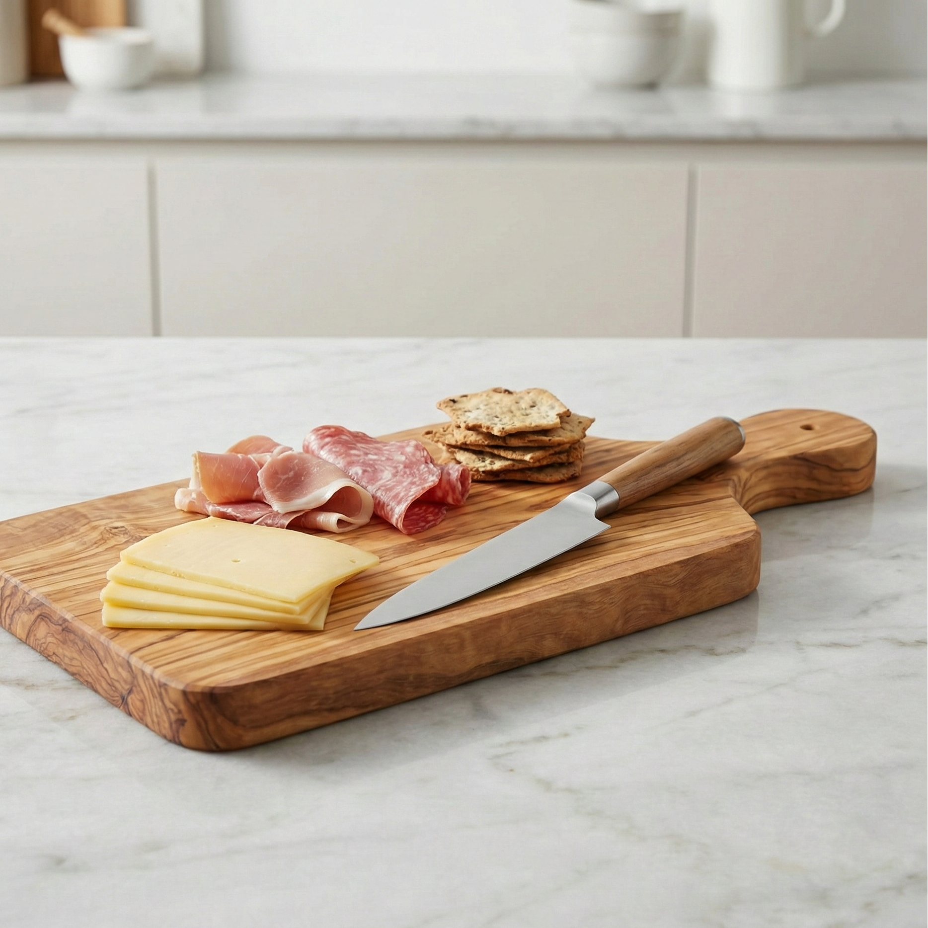 Handcrafted olive wood cutting board for everyday food preparation or serving cheese, crackers, and charcuterie.