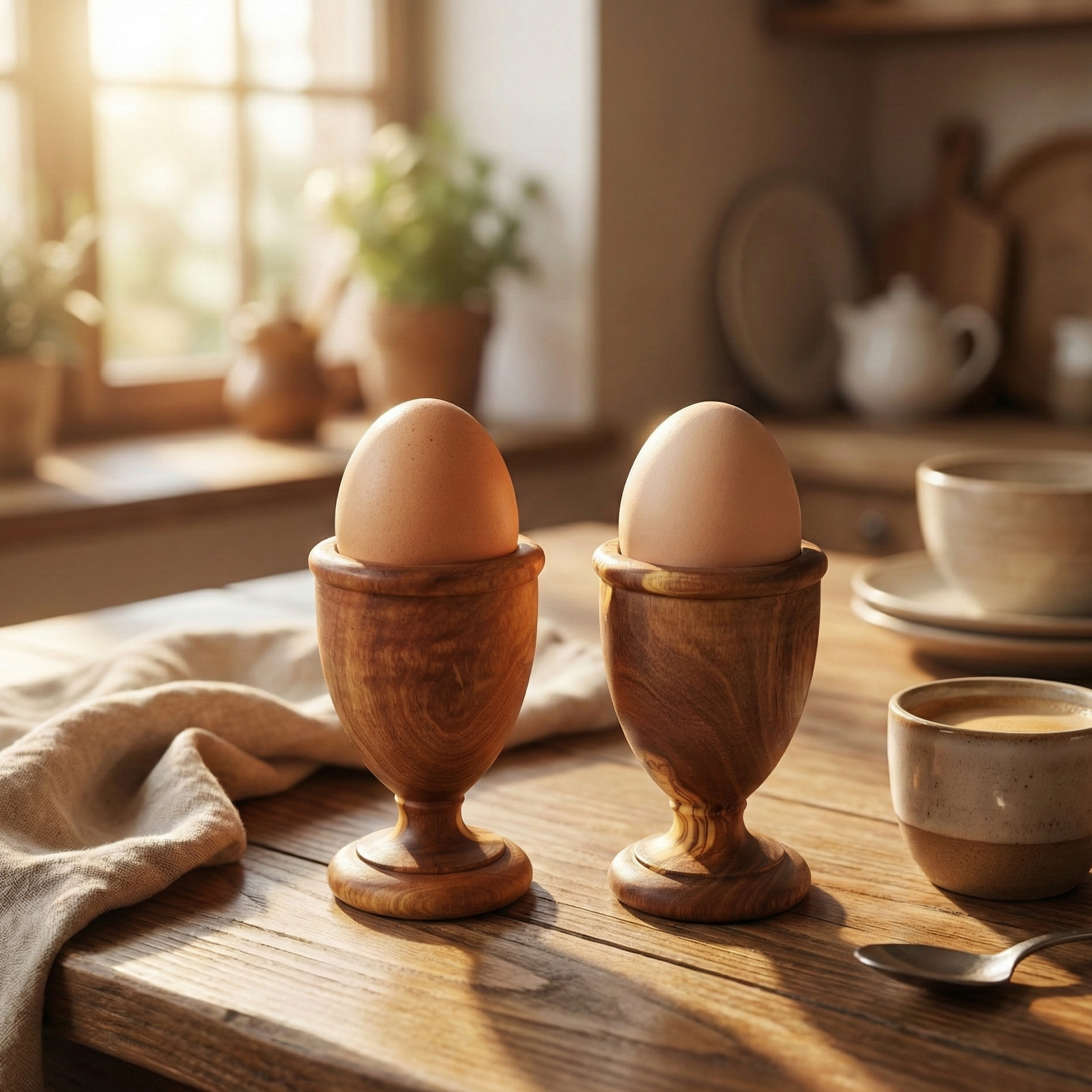 Two eggs in wooden holders on a wooden table with a cup of coffee and a spoon.